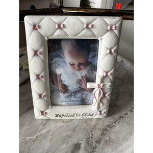 Baptized in Christ Photo Frame White Pink Bows Tufted Ceramic 3.5x5